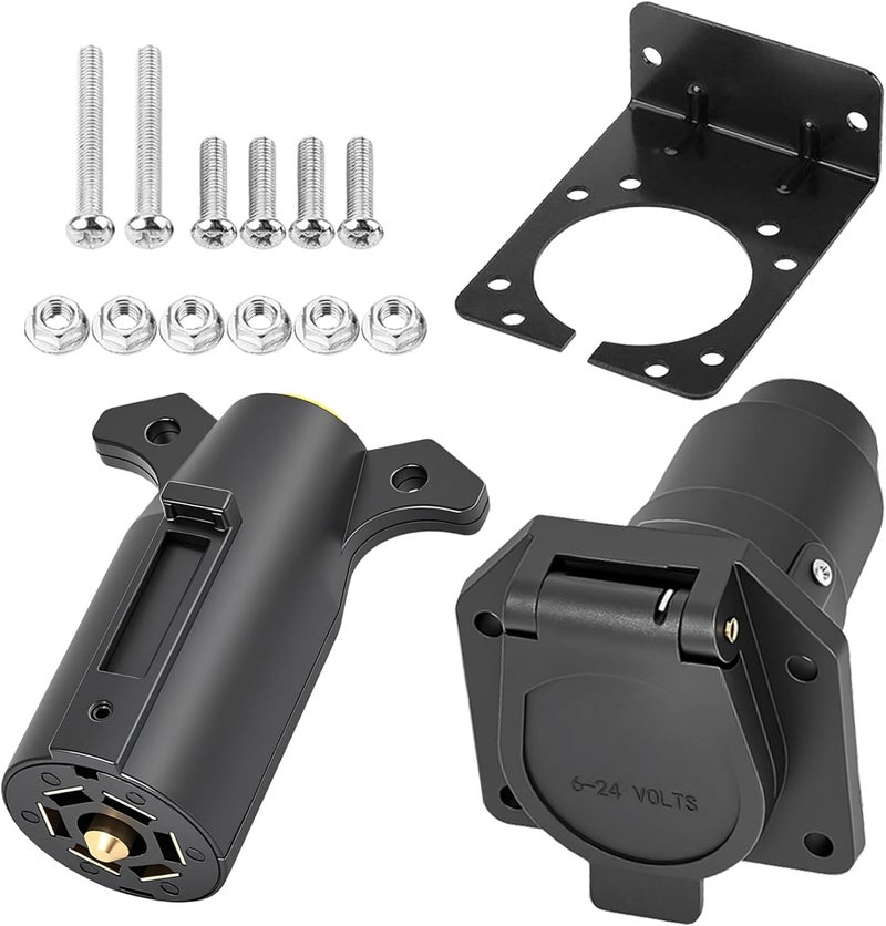 CXTM 7 Way Trailer Connector Kit 7 Pin Trailer Wiring Harness Connector Set with Mounting Bracket, Trailer Side 7 Pin Plug and Vehicle Side 7 Way Blade Trailer Socket Connector - Image 1